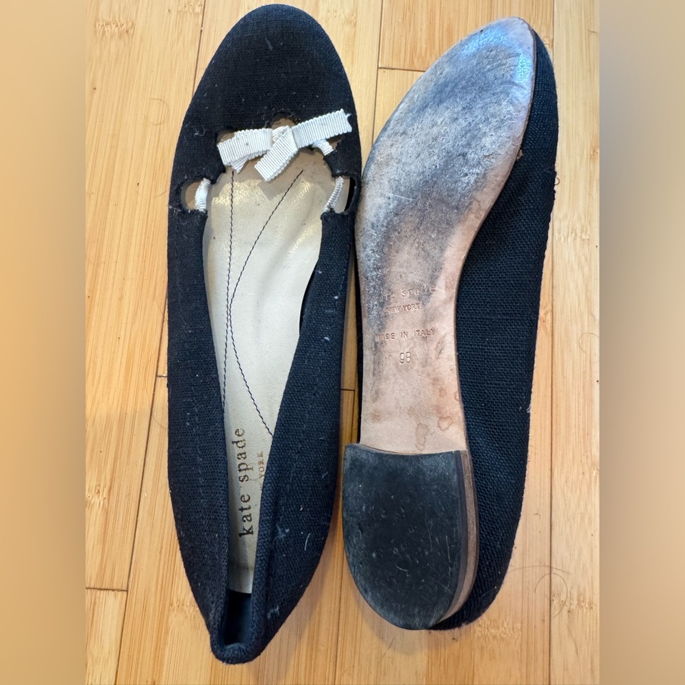 Kate Spade Black Canvas Flats with White Bow Detail Sz 9